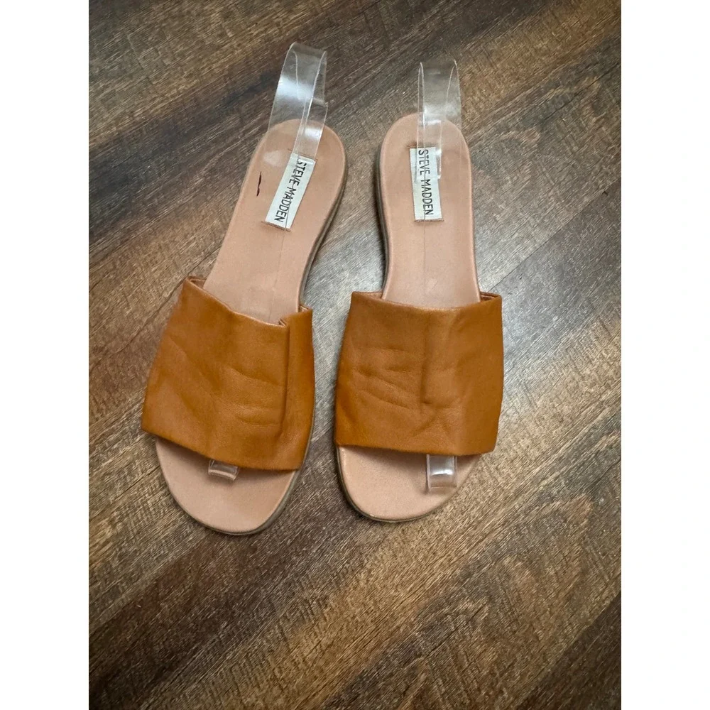 Steve Madden Women's 8M Tan Brown Leather Square Toe Slide Sandals